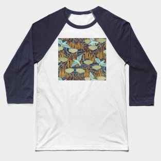 KINGFISHERS AND FLOWERING RUSH Art Nouveau Floral Pattern Baseball T-Shirt